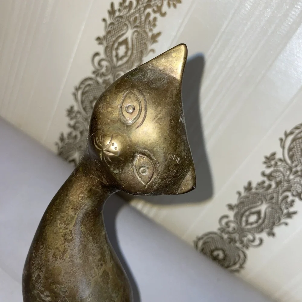 Vintage Solid Brass Siamese Cat‎ Slender Sleek Stylized Head Tilt 7